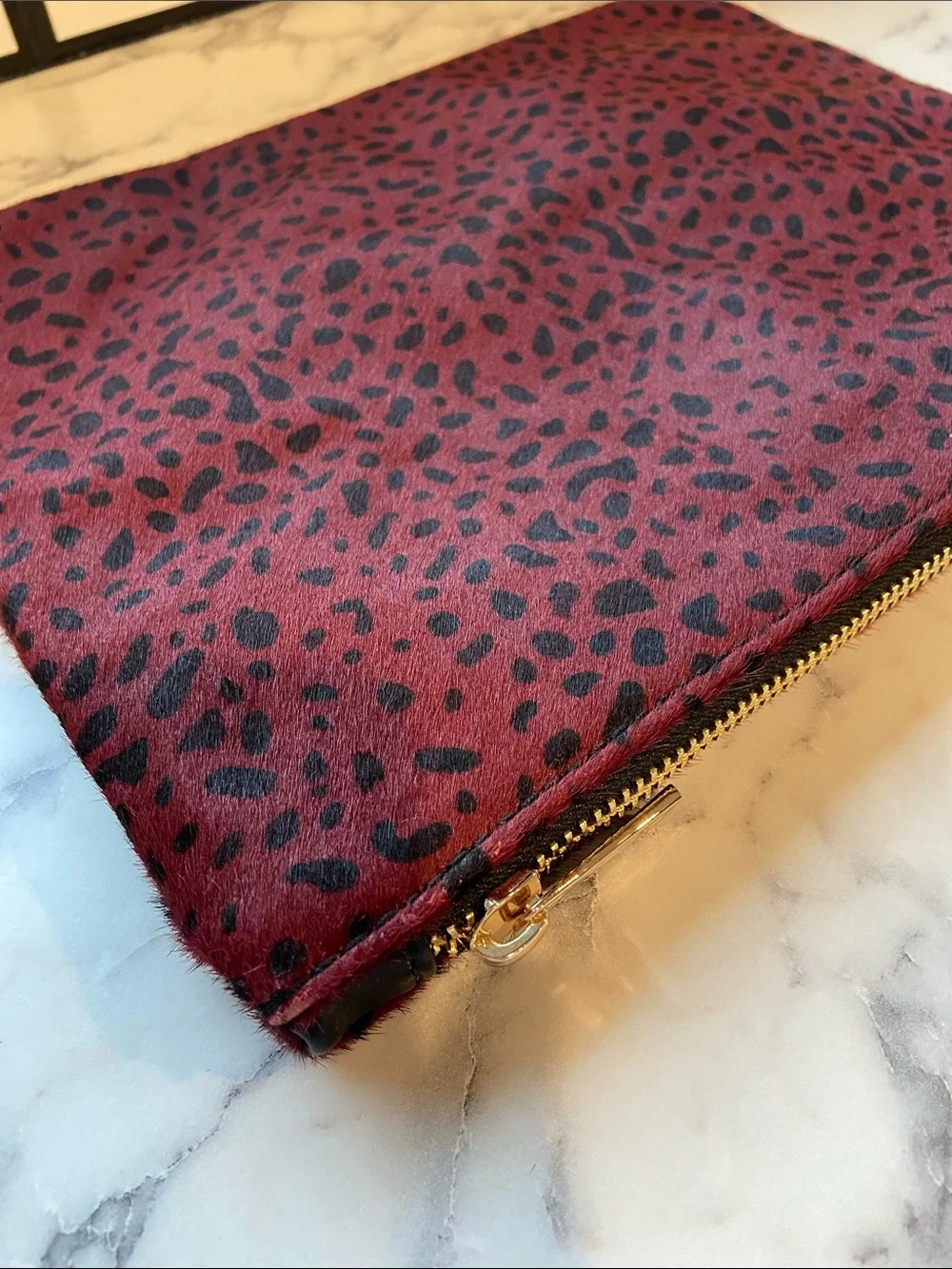 Sole Society Burgundy Leopard Print Zip Clutch with Gold Hardware